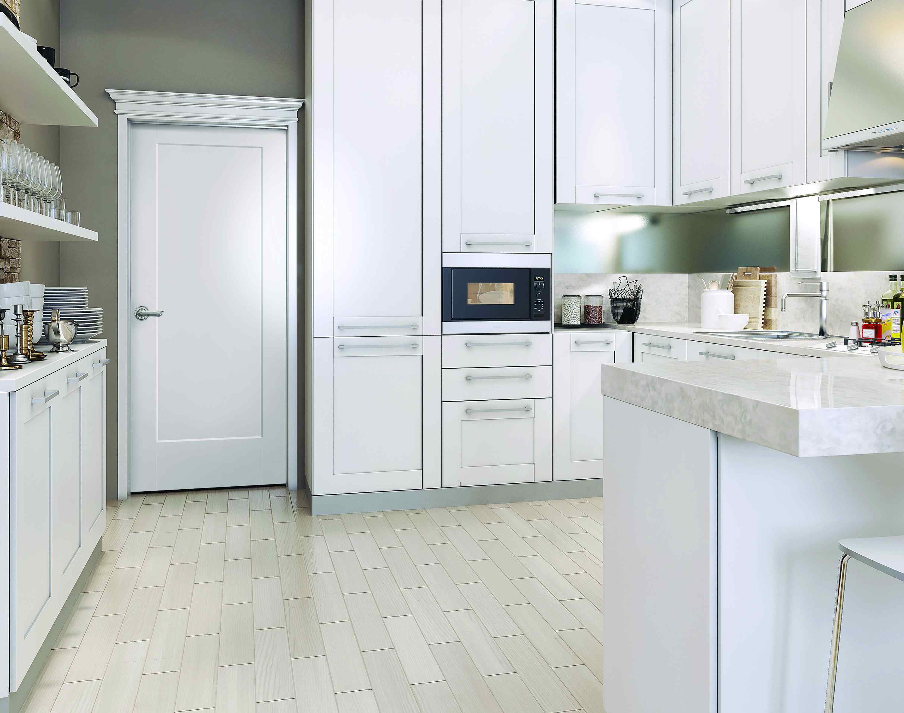 Modern white kitchen with Cape Cod style door
